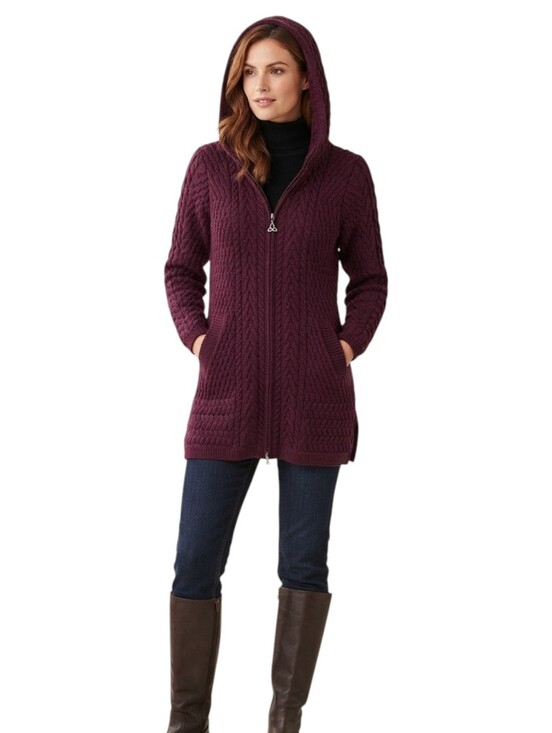 Aran Crafts Sweaters - Aran Crafts Ireland 100% Merino Wool Zip Hoodie Sweater - Size XS Burgundy